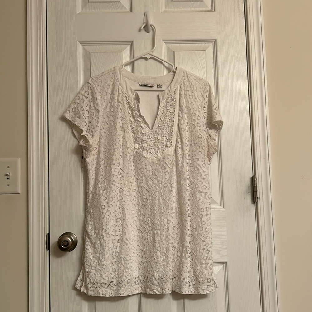Isaac Mizrahi Live Fully-lined White Lace Short Sleeve Tunic Top Size Large